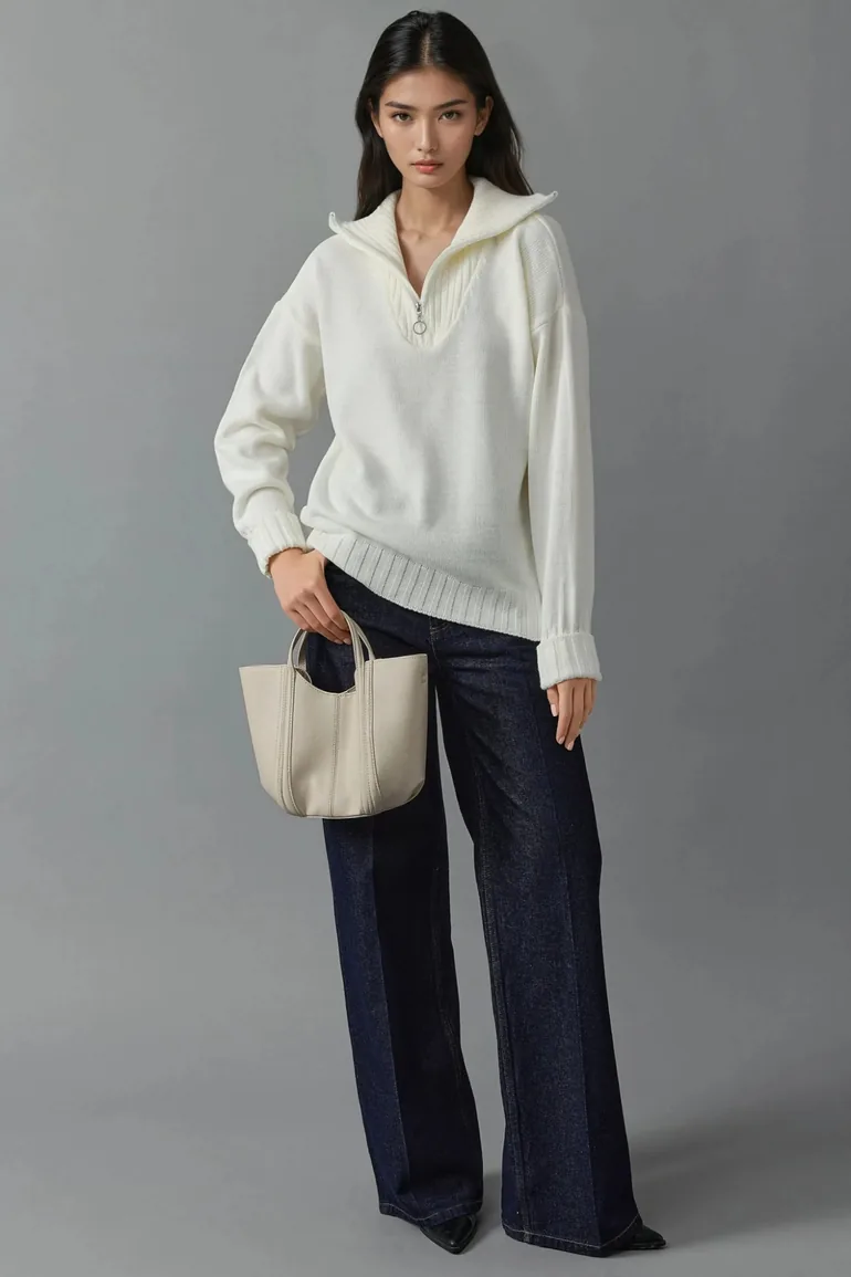MY FASHION Oversized Ribbed Knit Sweater with Zipper Collar - 2