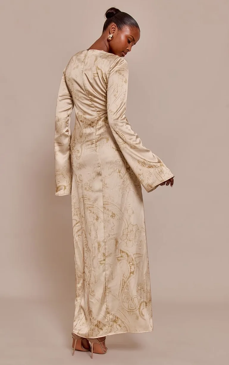 Pale Chartreuse Paisley Printed Satin Flute Sleeve Maxi Dress - 1