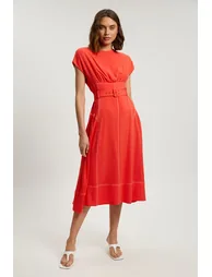 Contrast Topstitch Belted Midi Dress