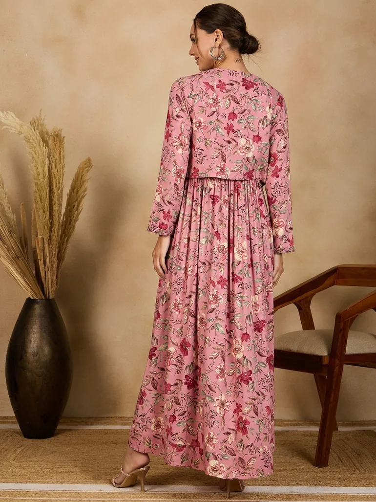 Women Pink Embroidered Long Sleeve Maxi Dress - 2