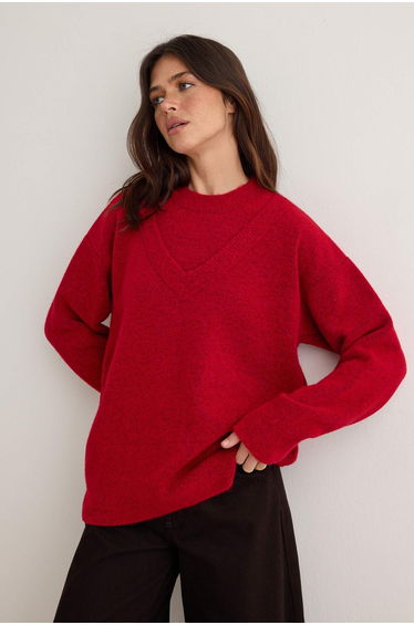 Red Soft Textured Double Collar Knitwear Sweater
