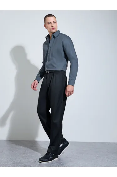 Men Grey Solid Regular Fit Oxford Shirt