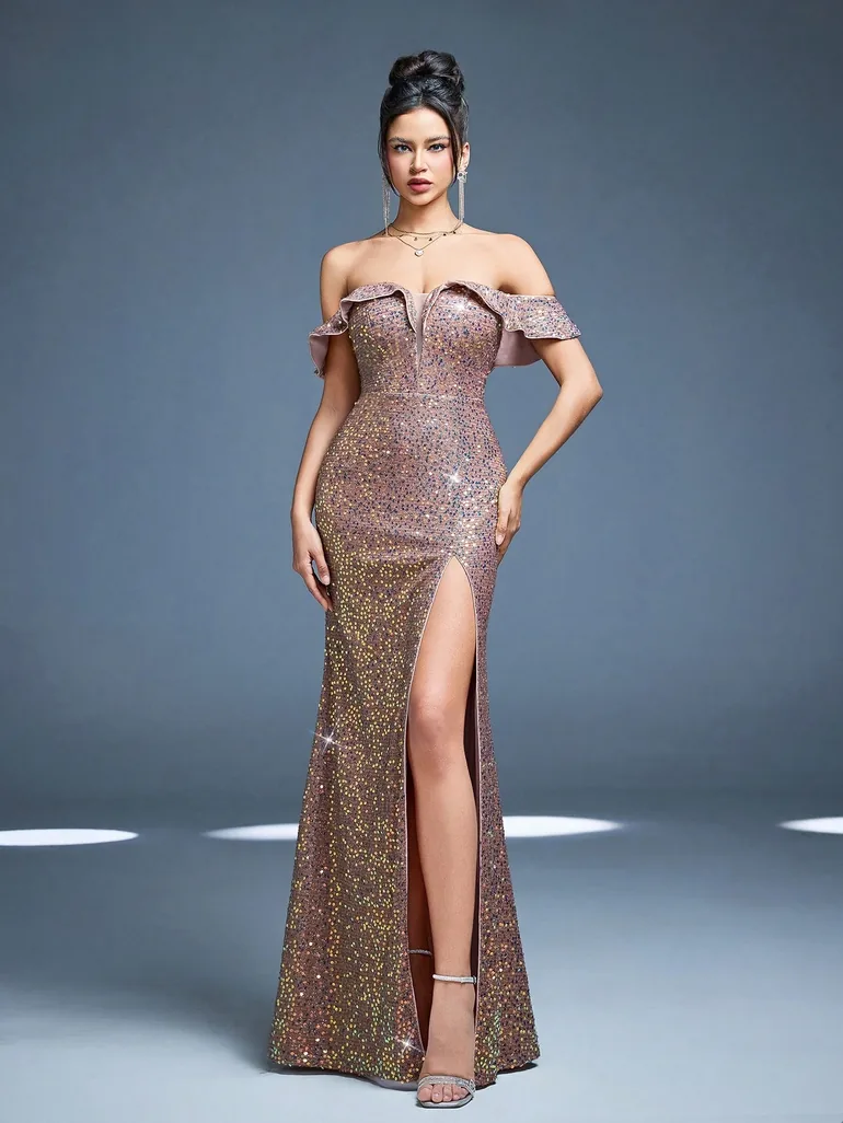 Leely Elegant Off-the-Shoulder Ruffle High Slit Sequin Evening Gown - 1