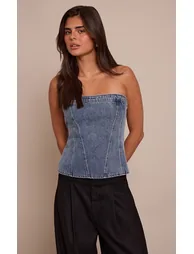Mid Blue Strapless Bustier Detail Denim Corset Top