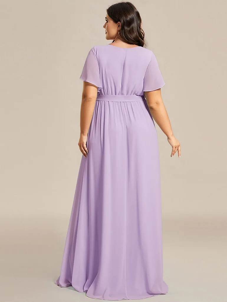 Short Sleeve Ruffle Deep V-Neck A-Line Floor Length Evening Dresses - 6