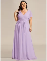 Short Sleeve Ruffle Deep V-Neck A-Line Floor Length Evening Dresses - 9
