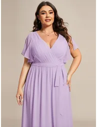 Short Sleeve Ruffle Deep V-Neck A-Line Floor Length Evening Dresses - 7