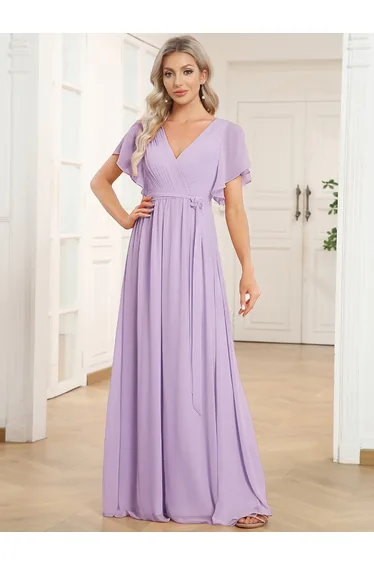 Short Sleeve Ruffle Deep V-Neck A-Line Floor Length Evening Dresses