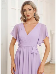 Short Sleeve Ruffle Deep V-Neck A-Line Floor Length Evening Dresses - 2