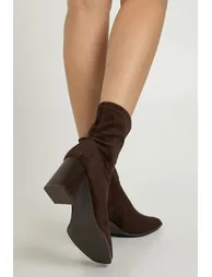Faux Suede Low Block Heel Square Toe Ankle Boots - chocolate - 1