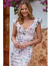 Pink Floral Print Premium Peplum Hem Midi Dress - 3