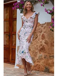 Pink Floral Print Premium Peplum Hem Midi Dress