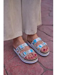 White Women's Stone and Bead Detailed Buckle Platform Slippers