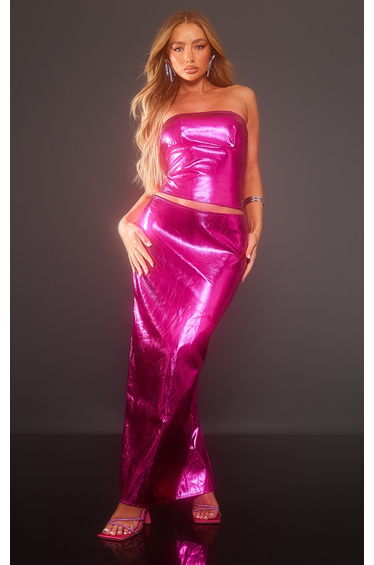 Hot Pink Metallic Faux Leather Split Back Maxi Skirt