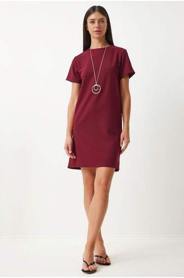 Women's Claret Red Crew Neck Basic Crepe Dress