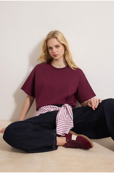 Premium Plum Relaxed/Casual Fit 100% Thick Cotton Crop Knitted T-Shirt