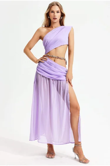 Romy One-Shoulder Midi Dress in Purple