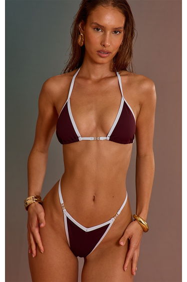 Dark Plum Contrast Binding Thong Bikini Bottoms