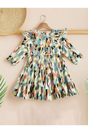 Abstract Print Ruffle Trim Tiered Dress with 3/4 Sleeves