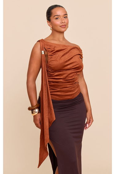 Shape Rust Faux Suede Off Shoulder Gold Trim Drape Top