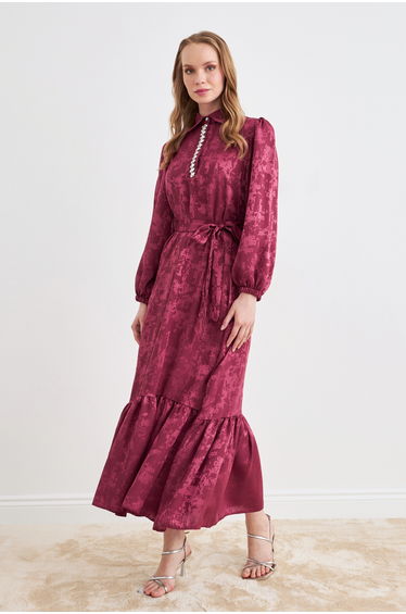 Mayra Embellished Jacquard Dress - Burgundy