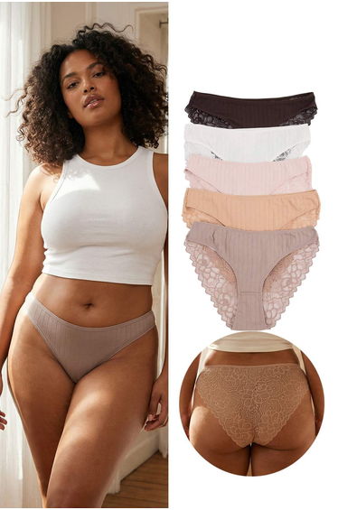 Brown-Multicolor Cotton Pack 5-Pack Lace Pack Striped High Waist Classic Knitted Panties