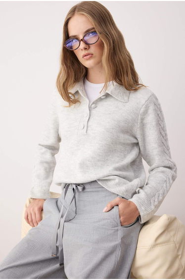 Gray Soft Textured Hair Knit Detailed Knitwear Sweater
