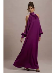 Baila | Mulberry Satin High-Neck Cape-Sleeve Maxi Dress - 3