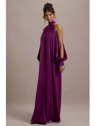 Baila | Mulberry Satin High-Neck Cape-Sleeve Maxi Dress