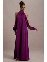 Baila | Mulberry Satin High-Neck Cape-Sleeve Maxi Dress - 5