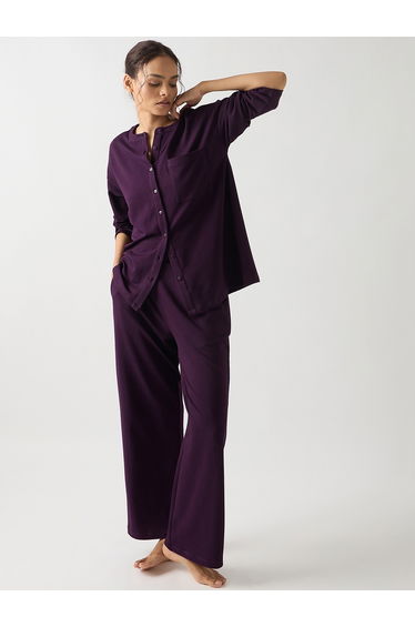 Purple Cotton Knit Straight Pants