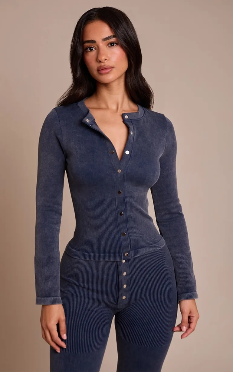 Petite Deep Navy Contour Rib Long Sleeve Button Up Long Top