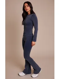 Petite Deep Navy Contour Rib Long Sleeve Button Up Long Top - 2