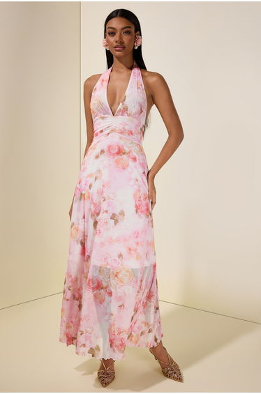 Floral Gathering Halter Neck Maxi Dress