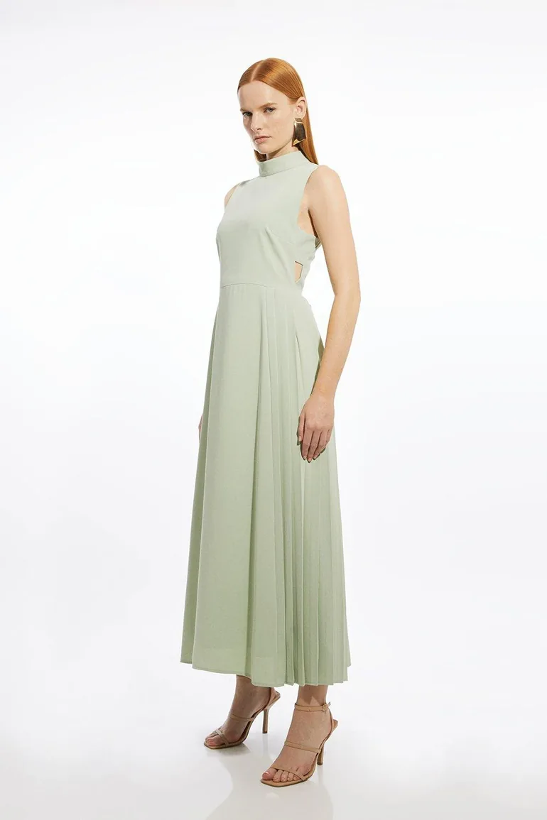 open lace back dress Karen Millen Ivory Soft Tailored Pleated Panel Midaxi Dress UK 12