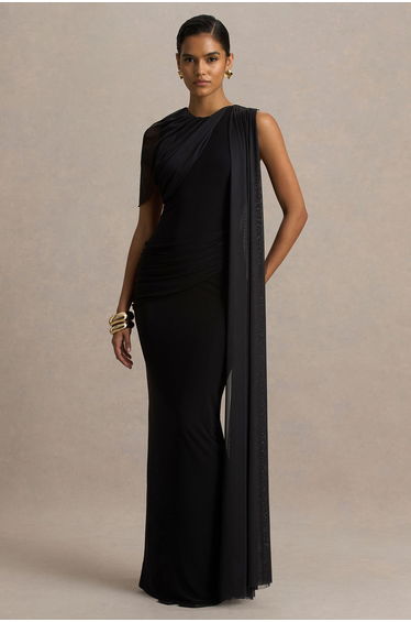 Brenda | Black Maxi Dress With Cape-Sleeve And Sash