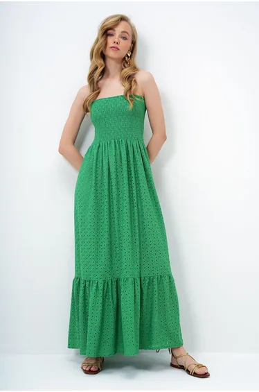 Women's Green Guipure Lined Guipure Strapless Dress