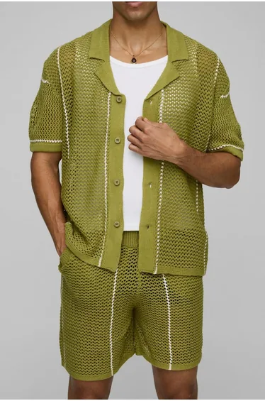 Boxy Revere Collar Open Stitch Stripe Shorts Set - olive