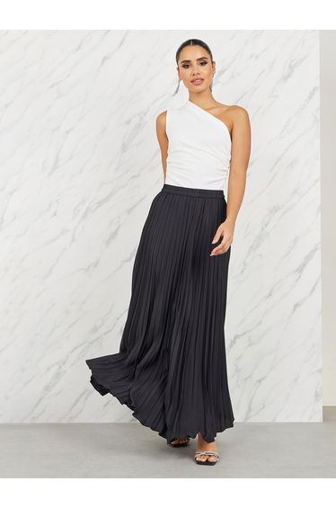 Satin Pleated A-Line Maxi Skirt
