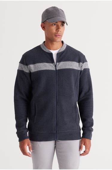 Indigo Oversize Zippered College Collar Fleece Lined Cardigan Sweatshirt