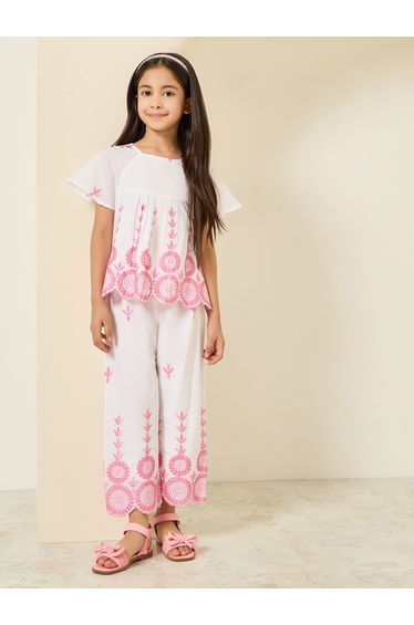 Girls White Cotton Embroidered Top and Pants Set