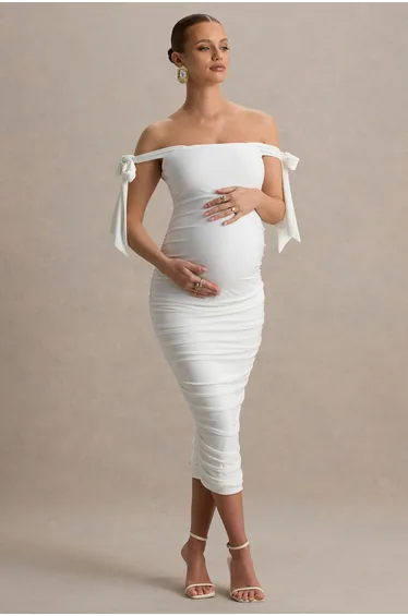 Chandelier | White Bardot Maternity Dress With Bow Details