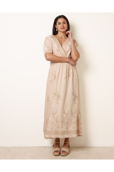 Wrap Front Metallic Embroidery Floral Dress