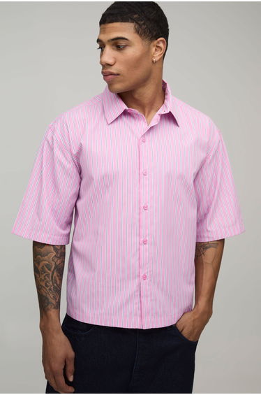Oversized Boxy Half Sleeve Multi Stripe Shirt - pink