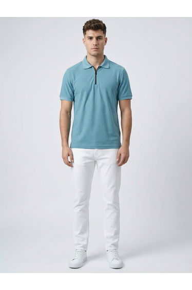 Men Green Knitted Polo with Zipper
