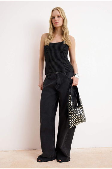 Black Striped Fitted/Bodycon Pool Collar Thin Strap Sleeveless Interlock Knitted Blouse
