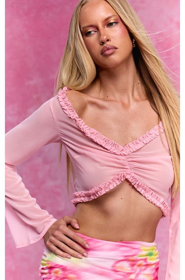 Pink Sheer Ruffle Hem Cropped Sleeve Blouse