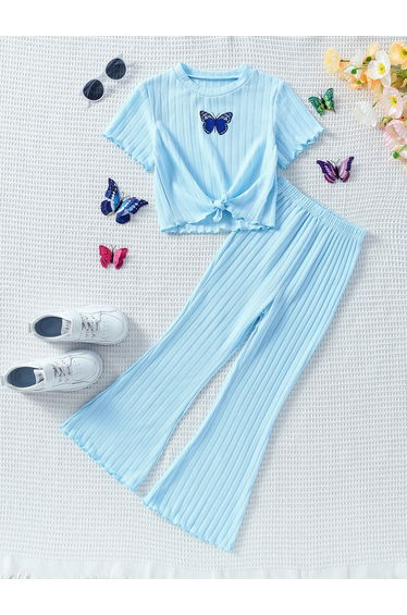 Girls Blue Butterfly Knit Top and Flare Pants Set