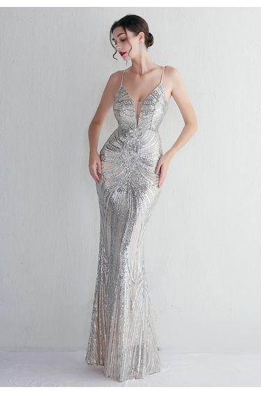 Glimmer Sequin Mermaid Cami Gown in Silver