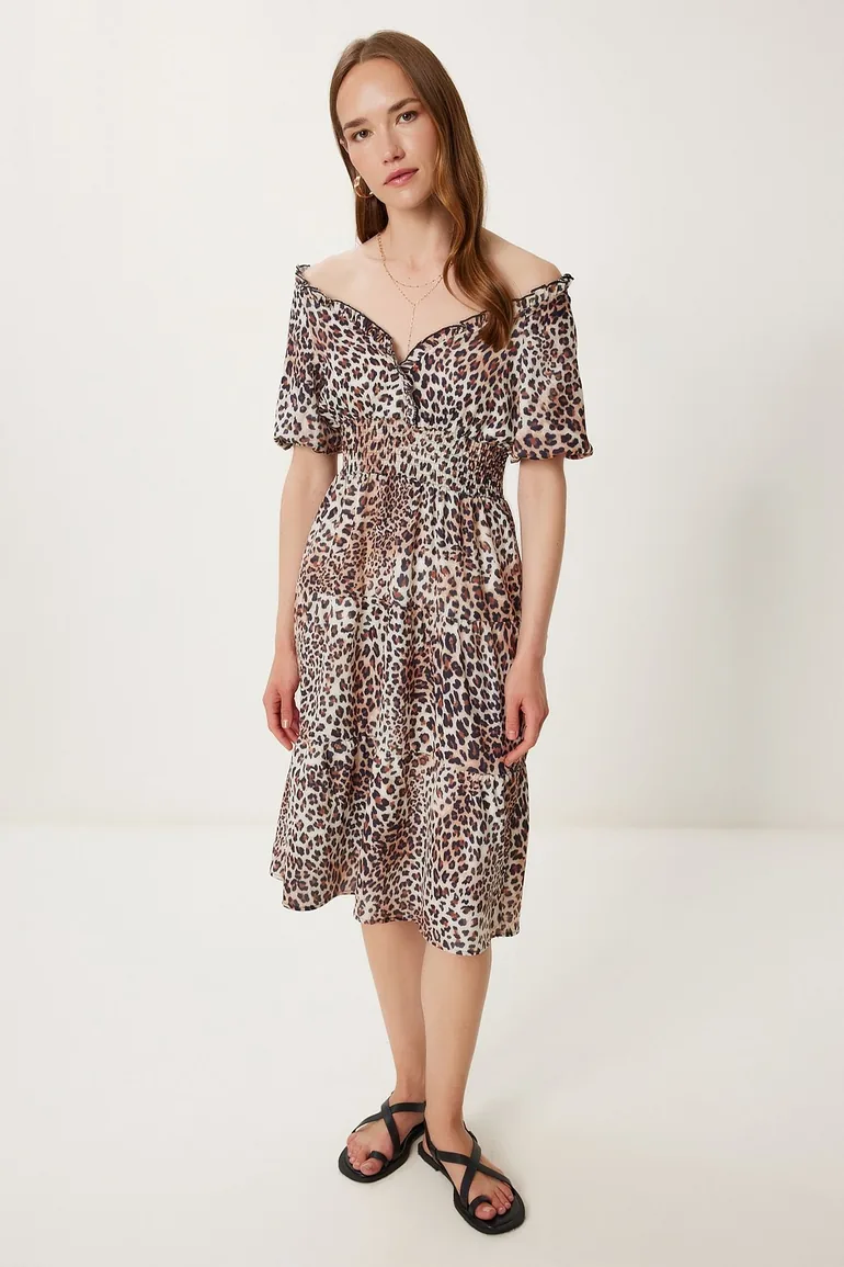 Women's Beige Brown Leopard Print Flounced Midi Dress